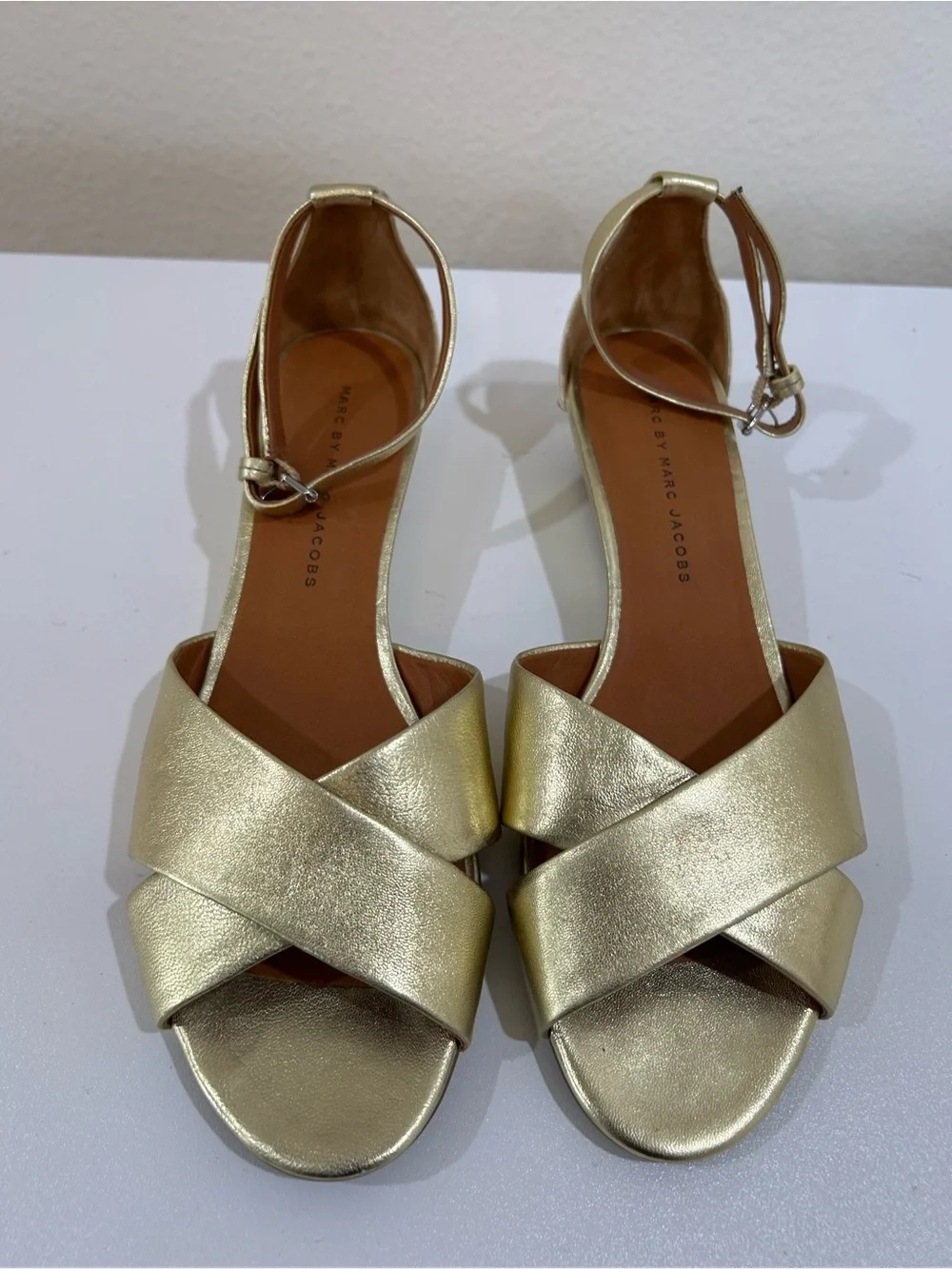 Marc Jacobs Gold Leather Shoes Open-Toe Wedge Sandal, Size US 9.5, IT 39.5